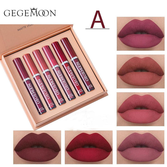 GEGEMOON 6 Colors Long Lasting Velvet Lips Tint Liquid Lipsticks Waterproof Non-Stick Cup Lip-gloss Gift Set