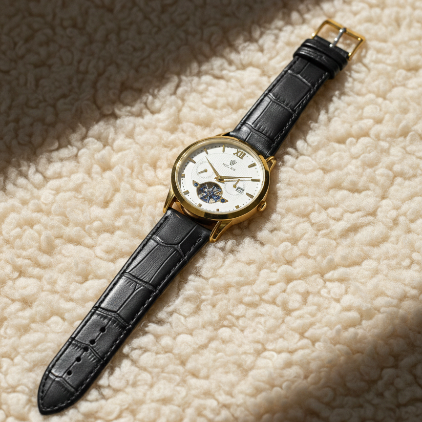 Luxury Men's Skeleton Watch - Gold Tone Case with Open-Heart Movement & Embossed Leather Strap - Classic Business Analog Wristwatch (1 Pc)