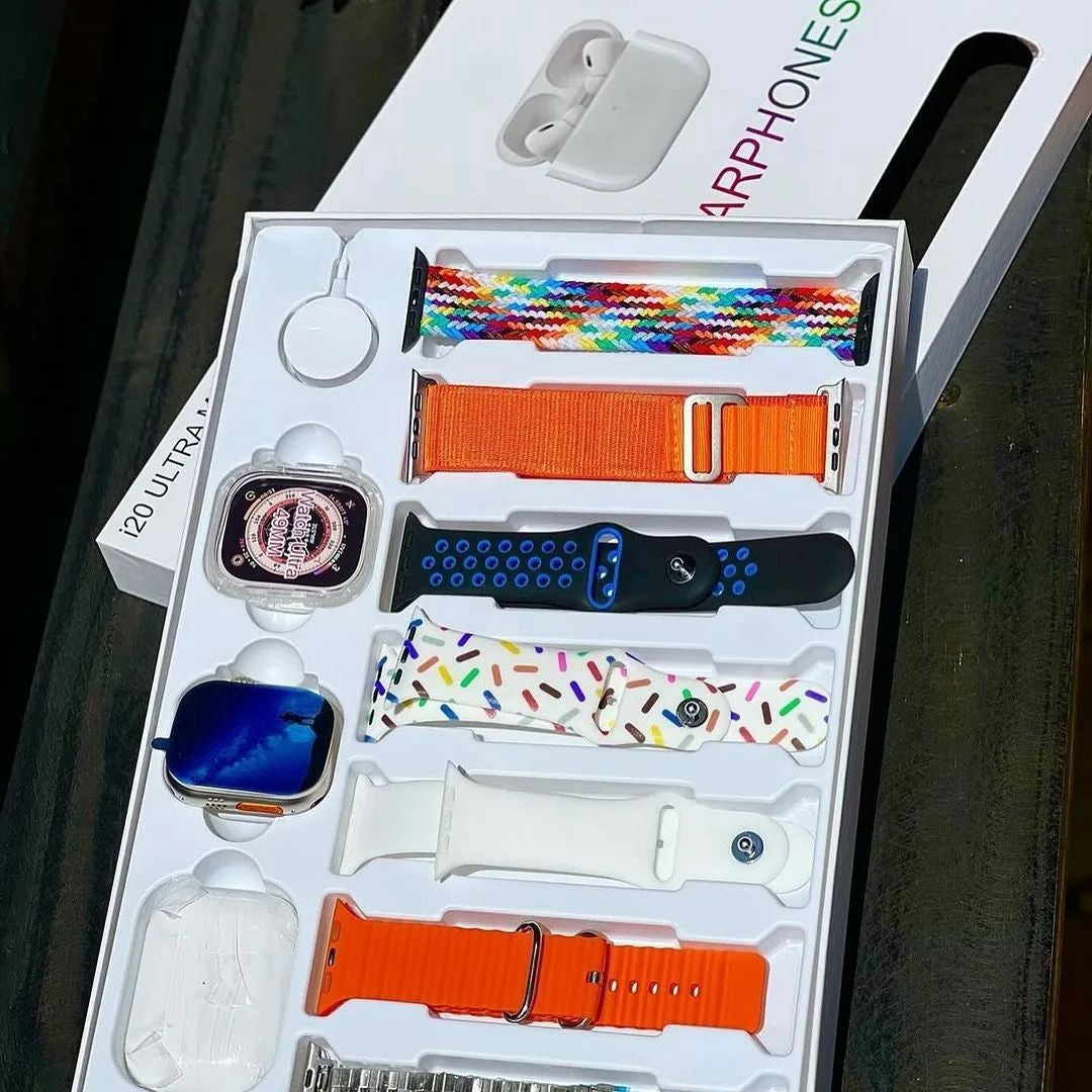 I20 Ultra Max suit Smart Watch 10 in 1 box 2.3inch large screen with 7 strips smartwatch With Airpords2 (random color)