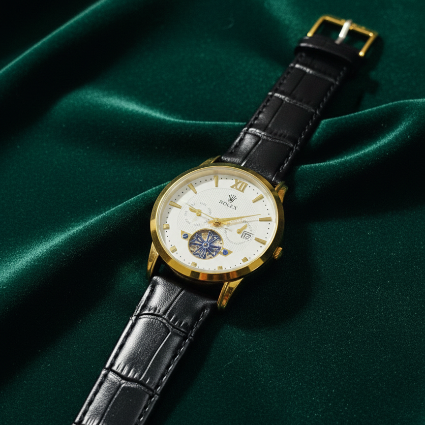 Luxury Men's Skeleton Watch - Gold Tone Case with Open-Heart Movement & Embossed Leather Strap - Classic Business Analog Wristwatch (1 Pc)