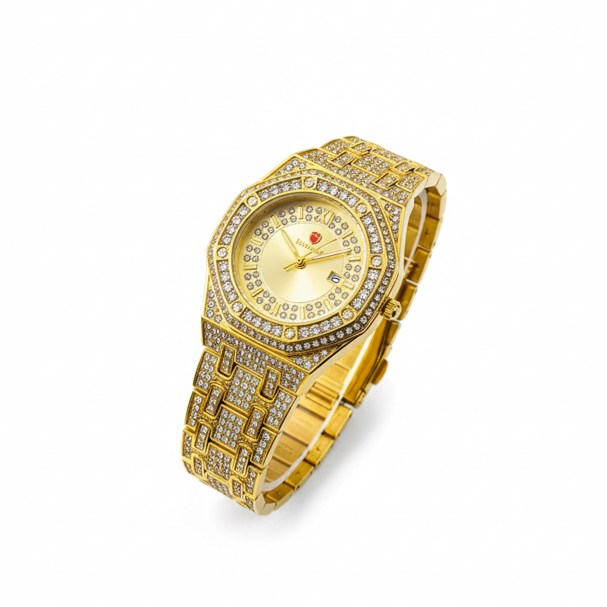 Luxury Gold Diamond-Studded Wrist Watch – Premium Designer Style Quartz Watch for Men & Women (Without Box)