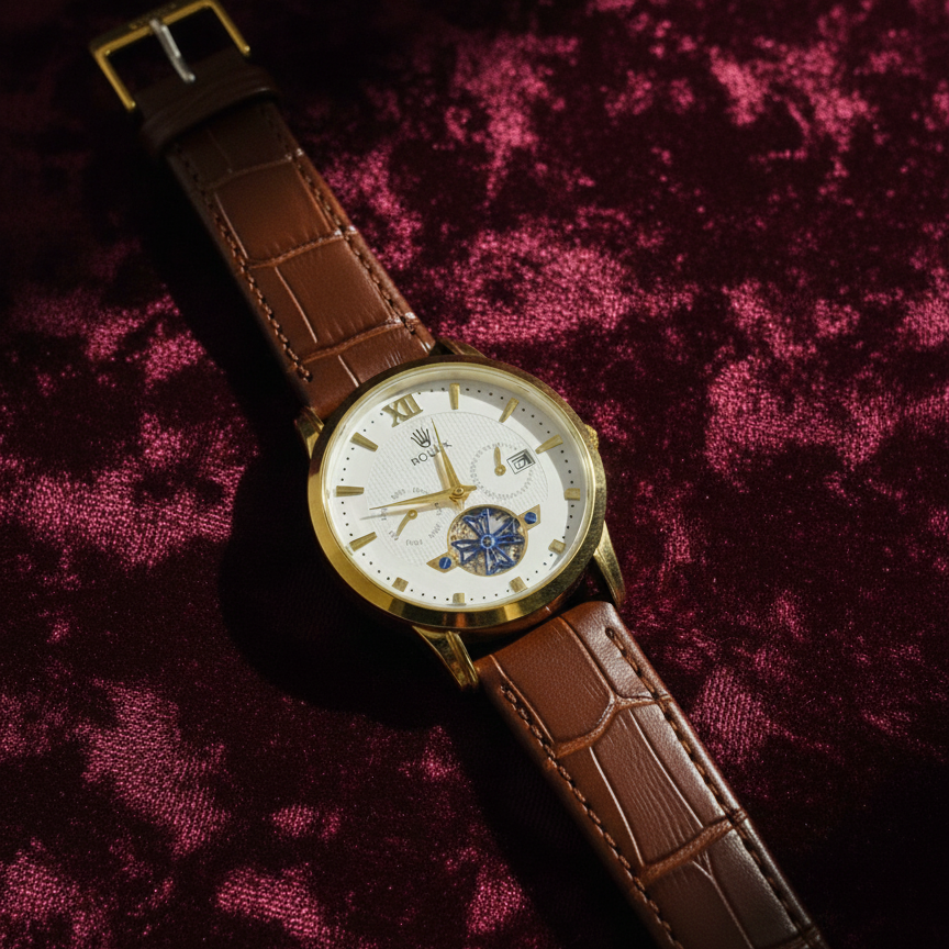 Luxury Men's Skeleton Watch - Gold Tone Case with Open-Heart Movement & Embossed Leather Strap - Classic Business Analog Wristwatch (1 Pc)