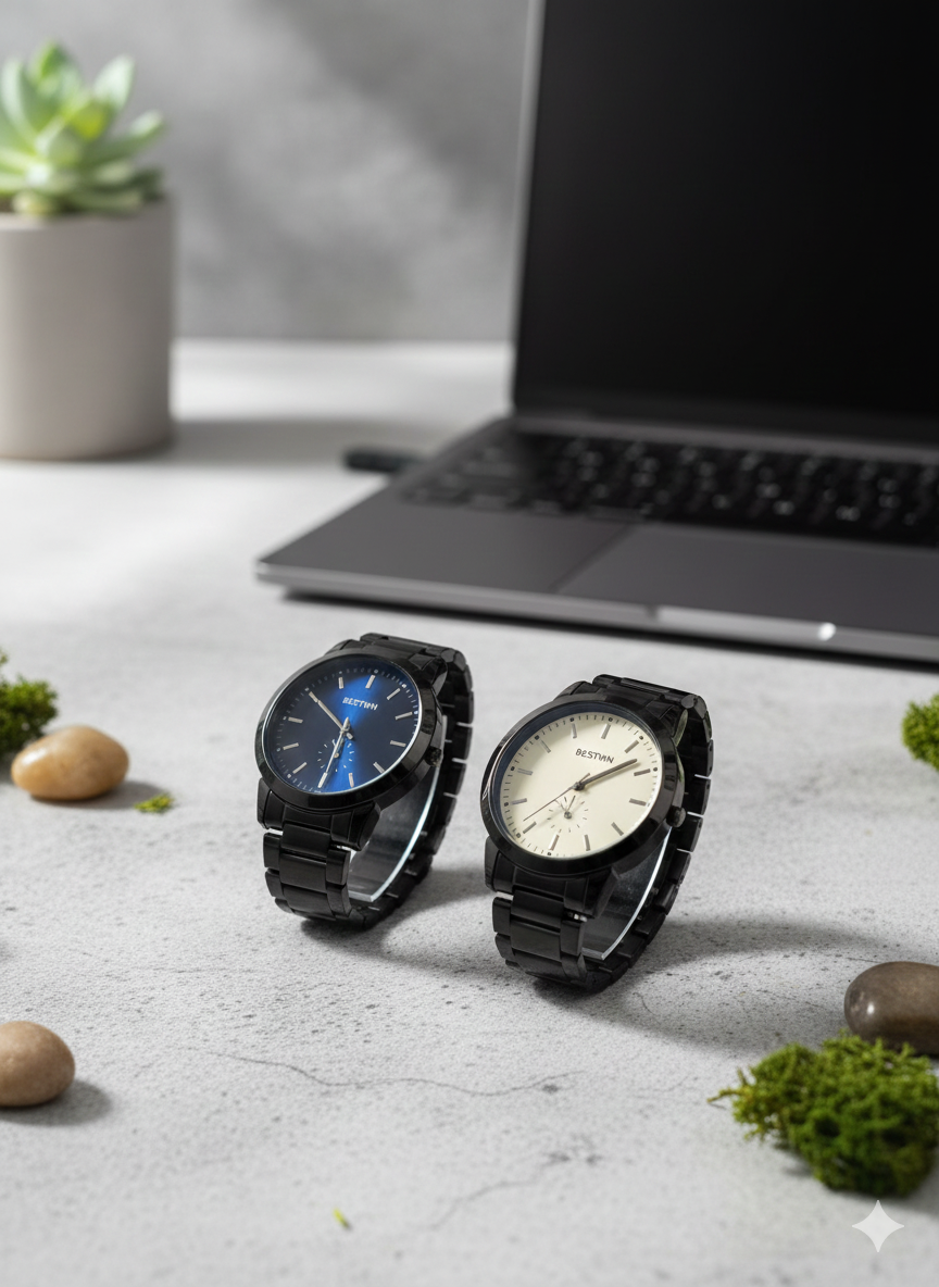 BESTWIN Minimalist Matte Black Link Bracelet Watch - Premium Sunray Blue & Cream Dials - Precision Quartz Movement for Modern Professionals