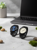 BESTWIN Minimalist Matte Black Link Bracelet Watch - Premium Sunray Blue & Cream Dials - Precision Quartz Movement for Modern Professionals