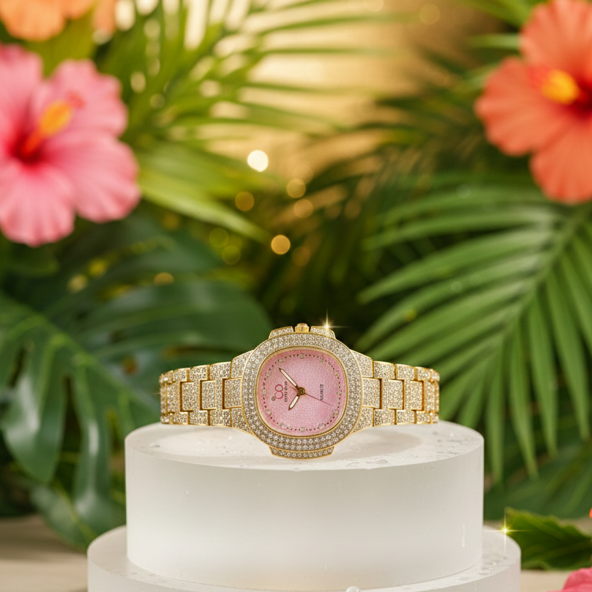 Two Toned Iced Out Quartz Movement Womens Watch (without box)