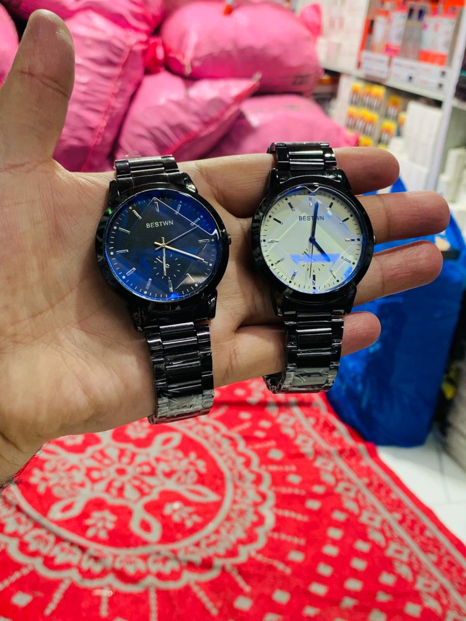 BESTWIN Minimalist Matte Black Link Bracelet Watch - Premium Sunray Blue & Cream Dials - Precision Quartz Movement for Modern Professionals